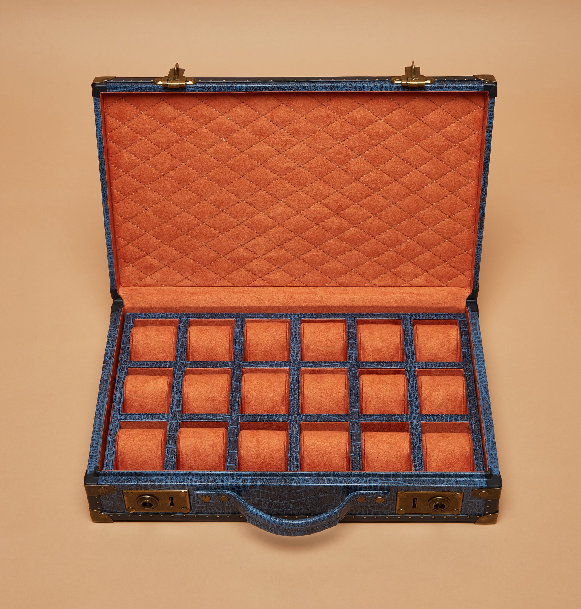 Blue Croc-Embossed Leather 18-Slot Watch Trunk with Burnt Sienna Suede Interior