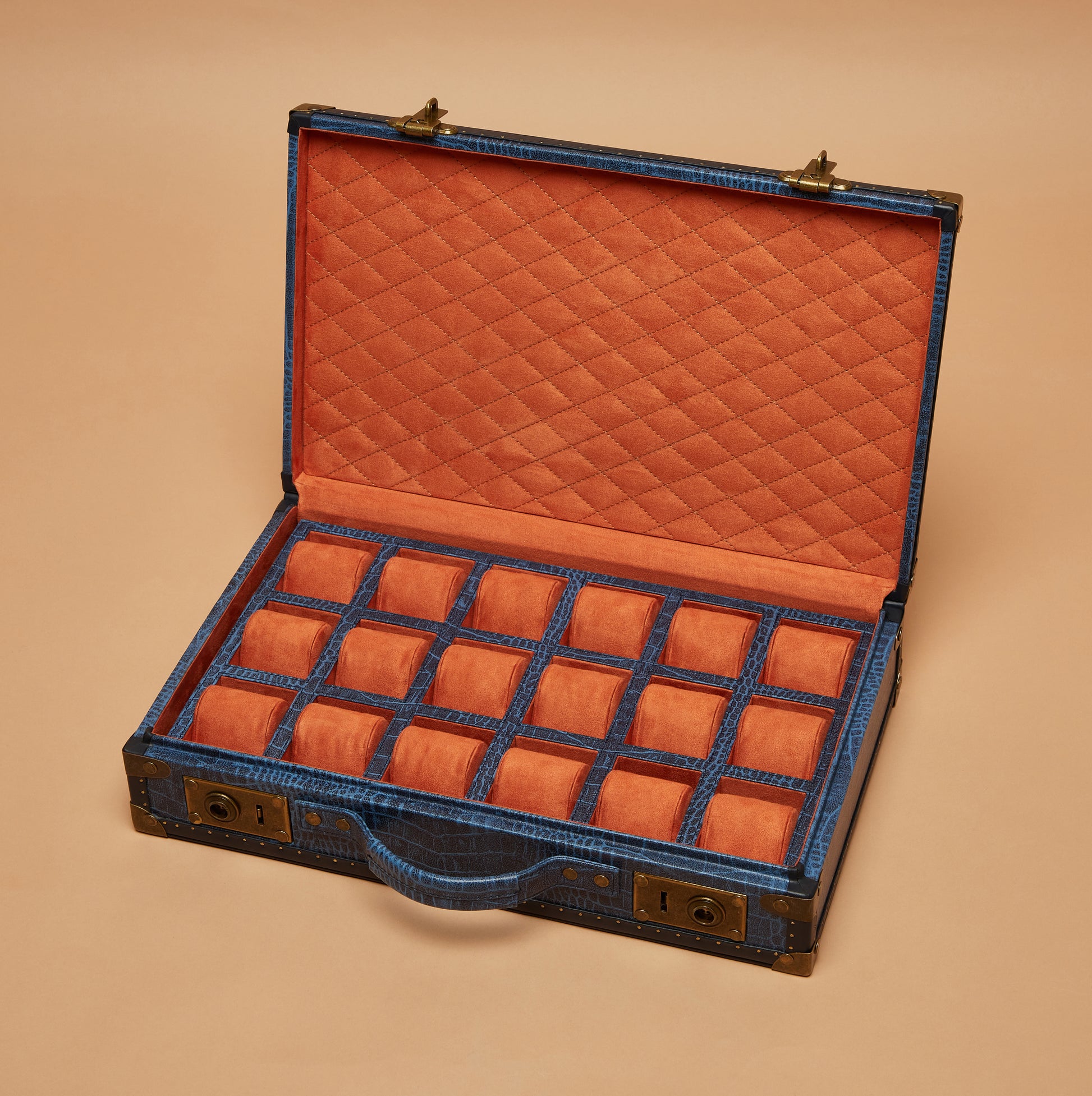 Blue Croc-Embossed Leather 18-Slot Watch Trunk with Burnt Sienna Suede Interior