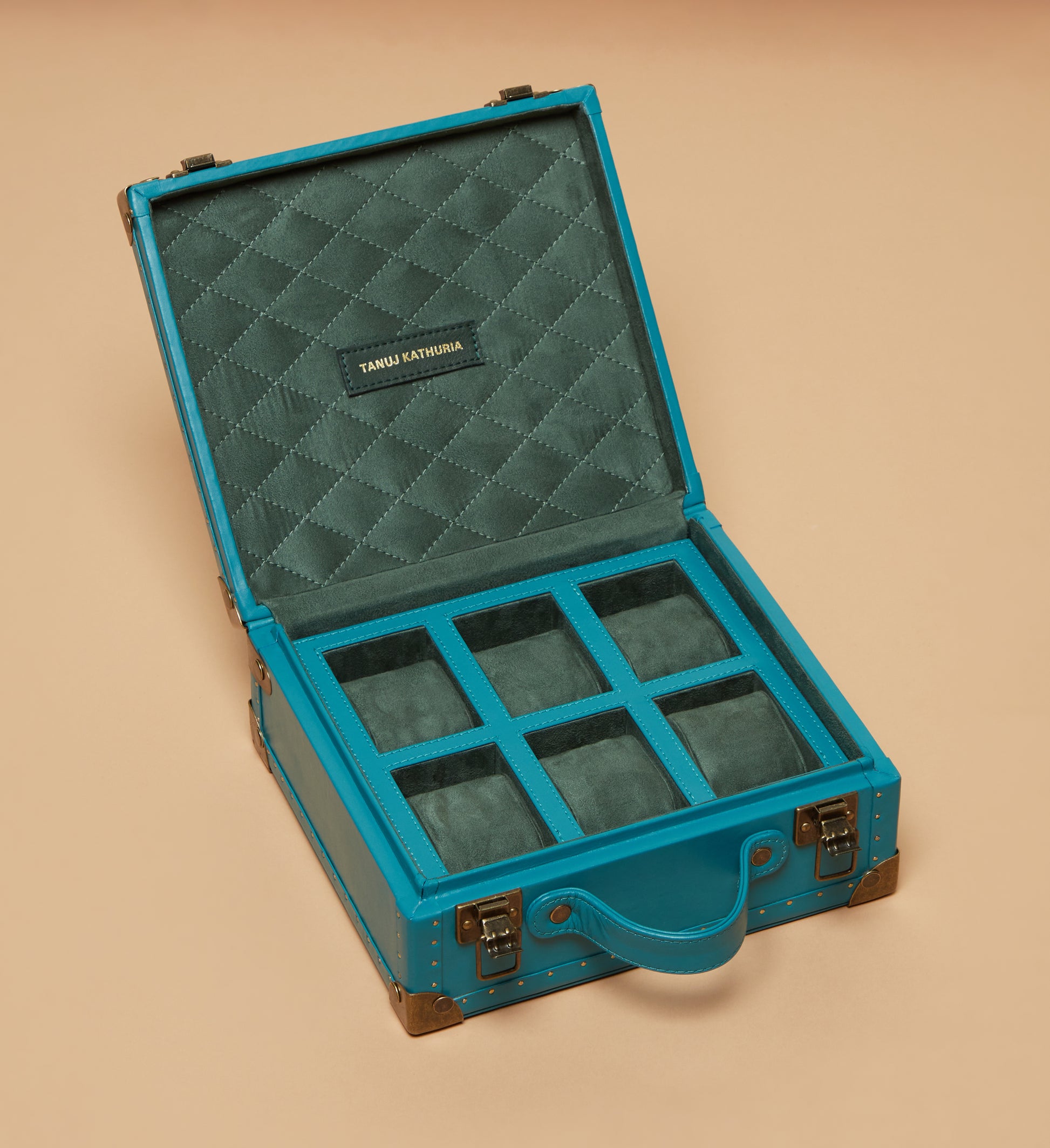 Turquoise Leather 6-Slot Watch Box with Quilted Suede Interior