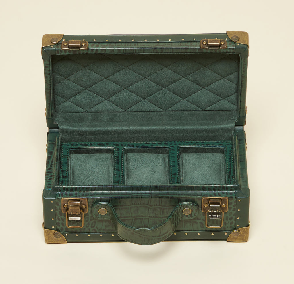 Green Croc-Embossed 3-Slot Leather Watch Box with Quilted Suede Interior