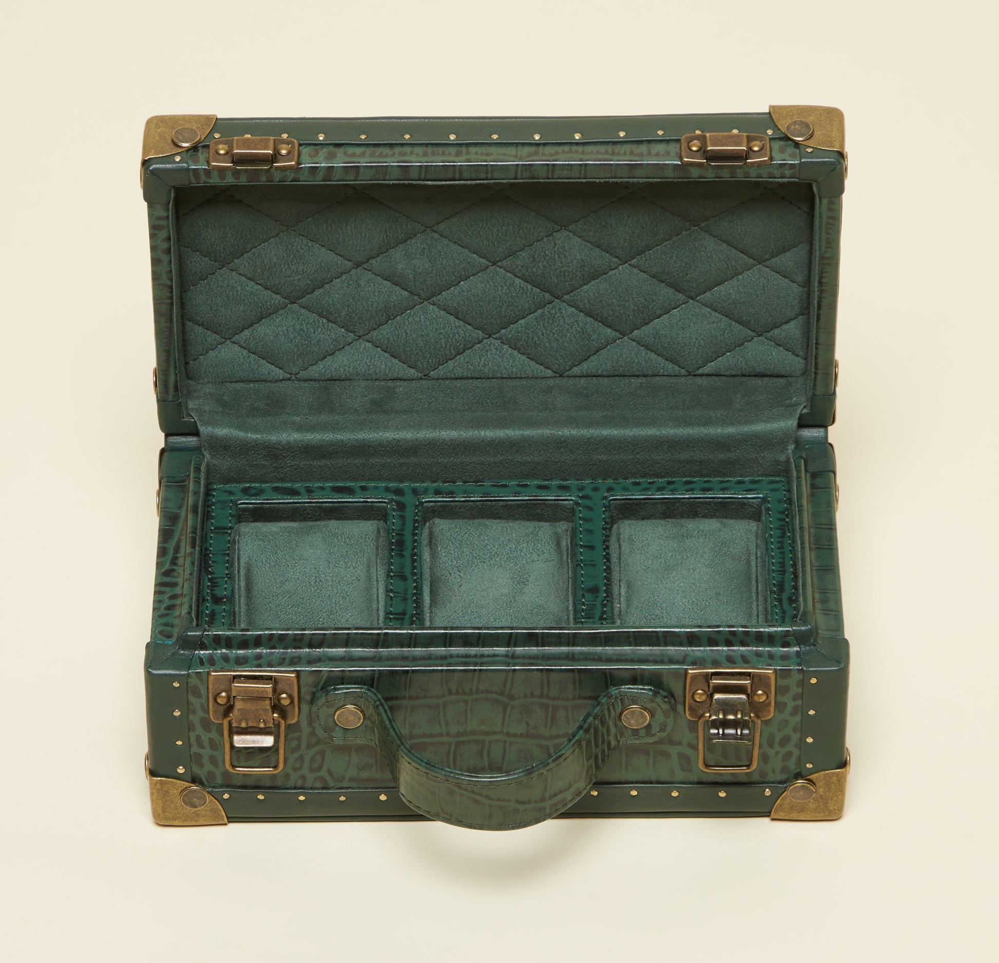 Green Croc-Embossed 3-Slot Leather Watch Box with Quilted Suede Interior