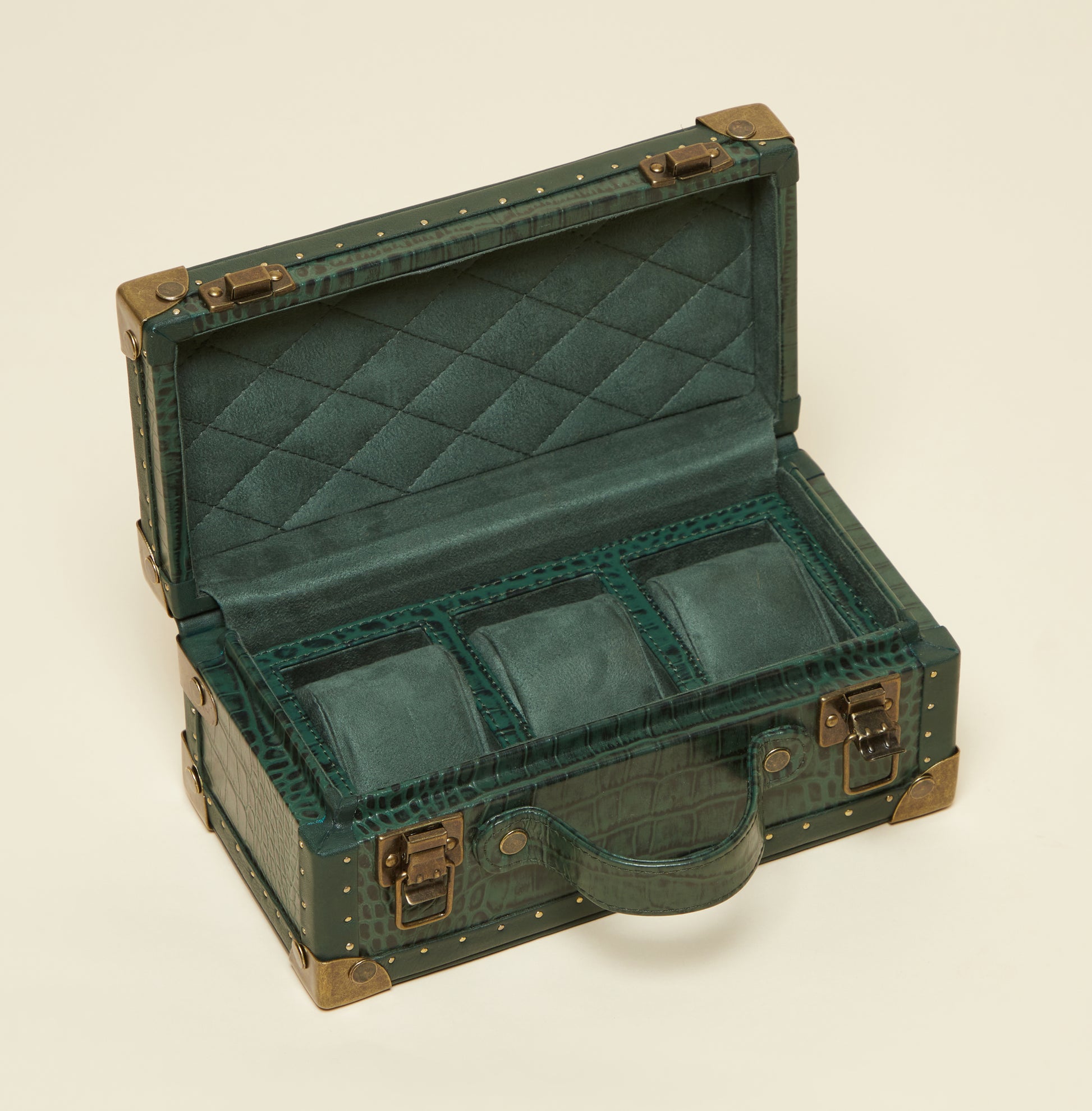 Green Croc-Embossed 3-Slot Leather Watch Box with Quilted Suede Interior