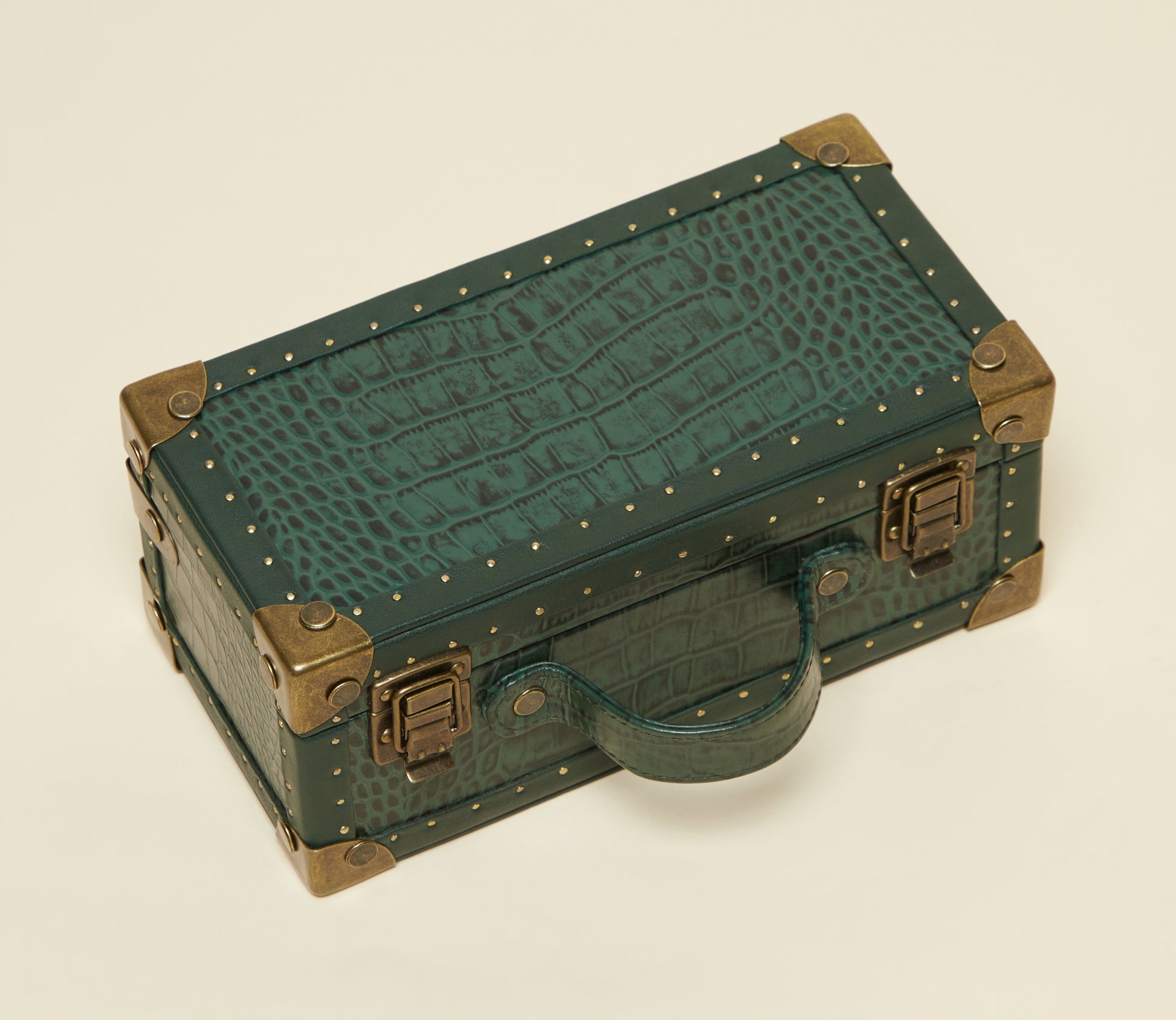 Green Croc-Embossed 3-Slot Leather Watch Box with Quilted Suede Interior