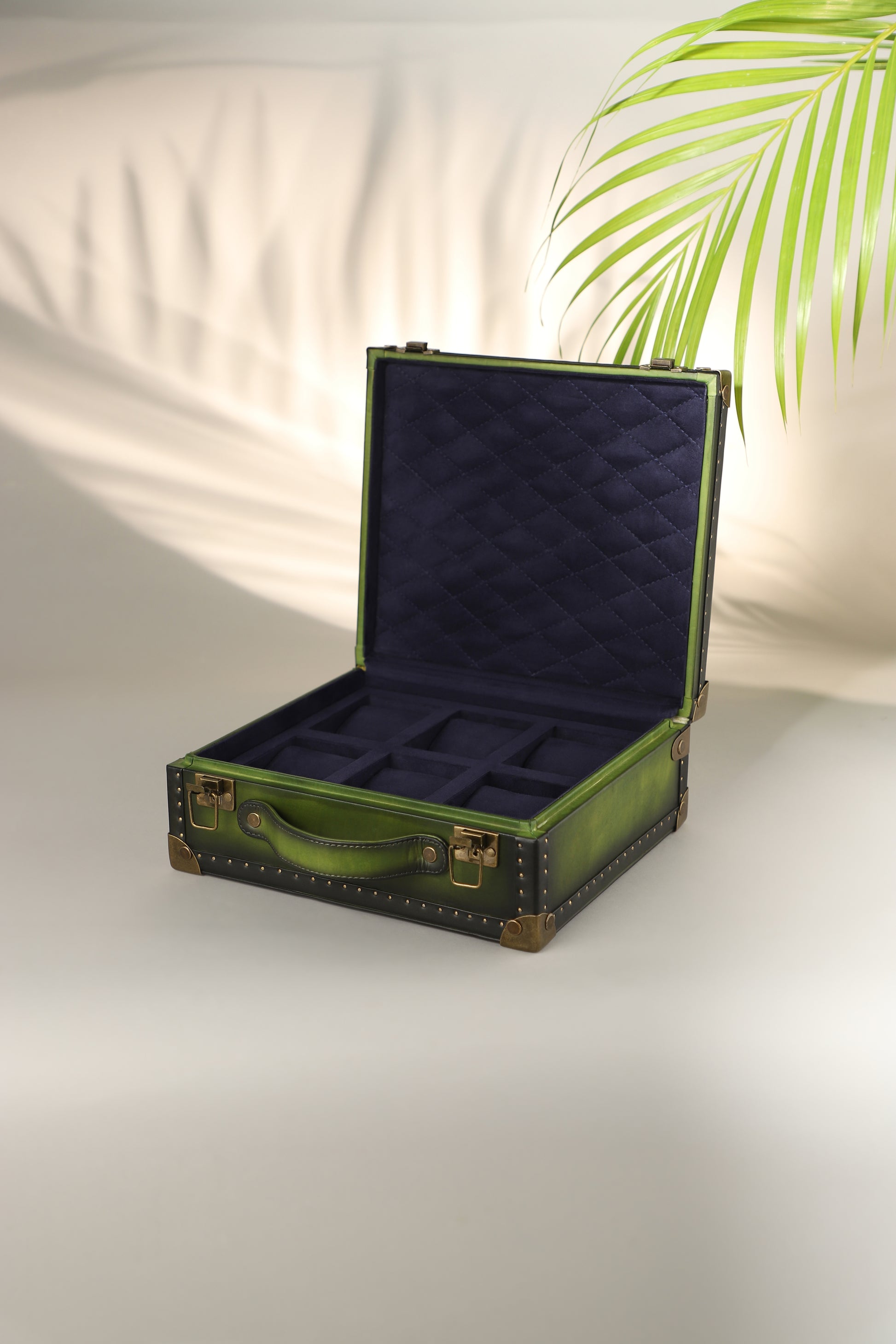 Verdant Patina Watch Box – Travel Case & Collector Trunk with Custom Cushions- 6 slots