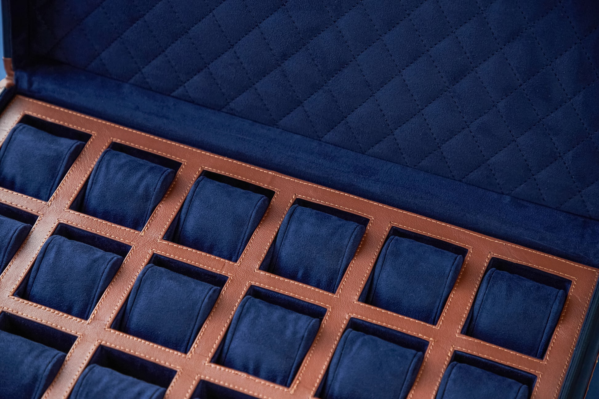 Navy & Tan 18-Slot Leather Watch Box