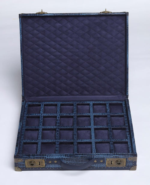 24-Slot Croc-Embossed Leather Watch Case – Midnight Blue with Antique Brass Accents
