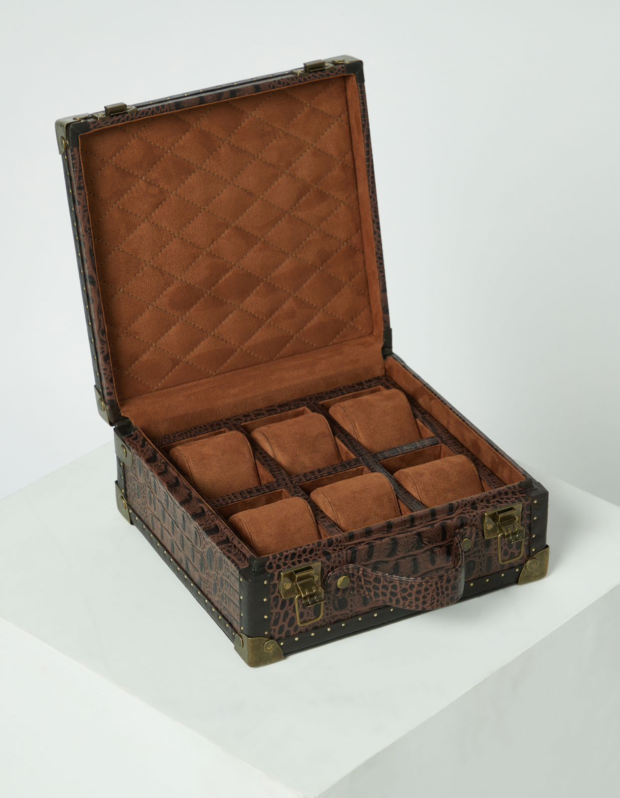 Croc Embossed Leather 6-Slot Watch Box in Rich Espresso Brown