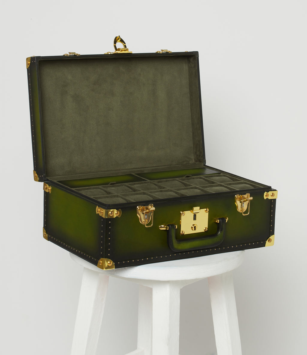 Emerald Patina Leather Watch Trunk – 30 Slot Dual Tray Case with Gold Hardware